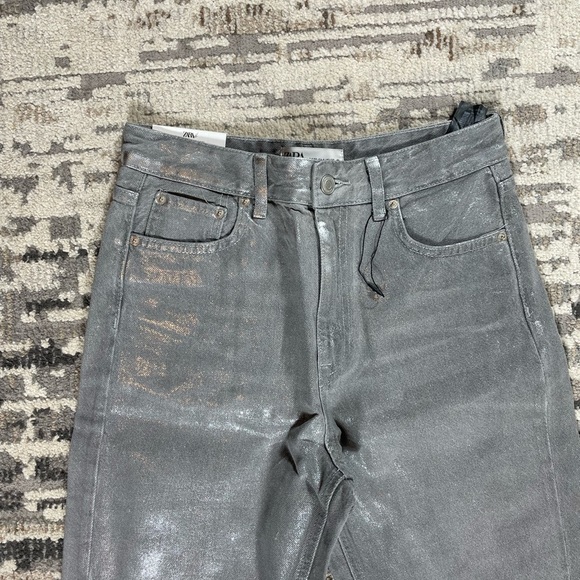 New Zara Midrise Metallic Sparkle Slim Straight Silver Grey Jeans - Picture 6 of 13